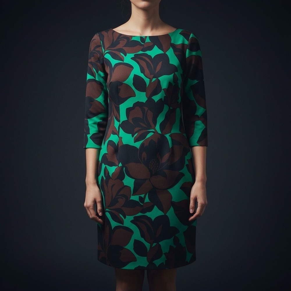 Womens M 8 10 MILLY Shift Dress Green Brown Floral Cady Boatneck 3/4 Sleeves